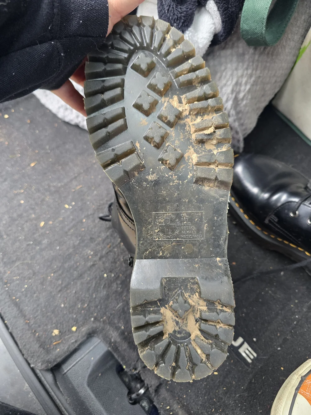 Dr. Martens Black Patent Lace-Up Combat Boots with Yellow Welt Stitching